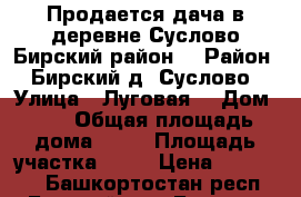 Продается дача в деревне Суслово,Бирский район  › Район ­ Бирский,д. Суслово › Улица ­ Луговая  › Дом ­ 4 › Общая площадь дома ­ 18 › Площадь участка ­ 17 › Цена ­ 400 000 - Башкортостан респ., Бирский р-н, Бирск г. Недвижимость » Дома, коттеджи, дачи продажа   . Башкортостан респ.